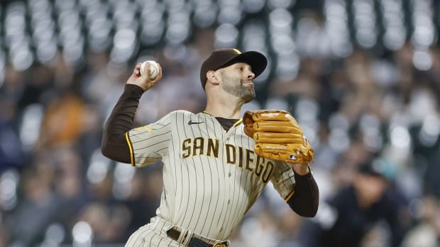 Sep 29, 2023; Chicago, Illinois, USA; San Diego Padres starting pitcher Nick Martinez (21) delivers a pitch against the Chicago White Sox during the first inning at Guaranteed Rate Field. Mandatory Credit: Kamil Krzaczynski-USA TODAY Sports  